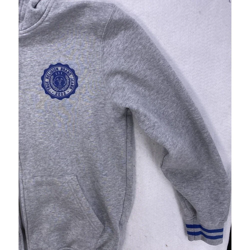 True Religion Men Hoodie Zip Up Gray Blue Alumni Buddha Big Horseshoe Fleece Med